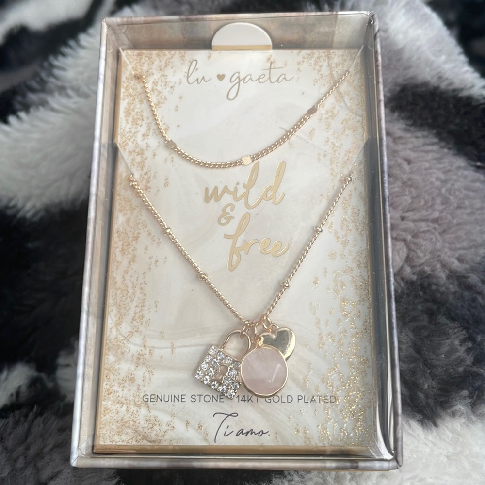 14KT Gold Plated Genuine Stone Necklace With 3 Pendants Jewelry